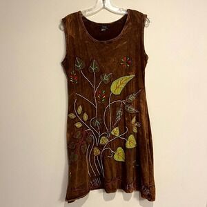 Rising International Dress Brown Boho Embroidered Leaf Acid Wash Womens XL